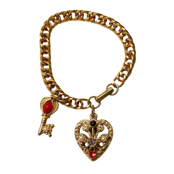 Vintage Jewelry - Vintage 70s Gold Tone Coquette Charm Bracelet Heart Key Victorian AB Pearl 6.5”